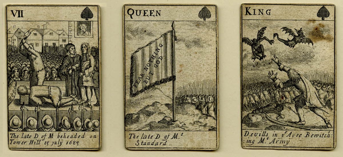 Seven, Queen, and King of Spades, Monmouth Rebellion Playing Cards. © Trustees of the British Museum.
